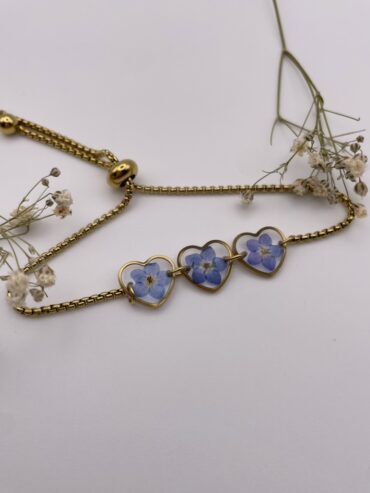 Pulsera 3 abalorios corazones con flores azules