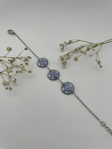Pulsera 3 abalorios redondos con flores azules