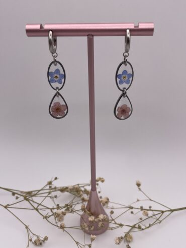 Pendientes 2 abalorios ovalado y gota con flores azul y lila claro