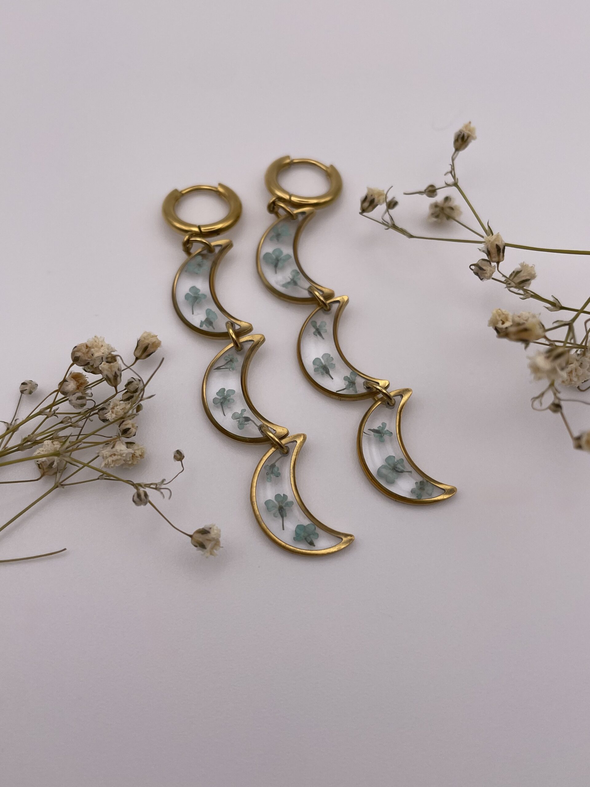 Pendientes 3 abalorios luna con florecitas turquesa