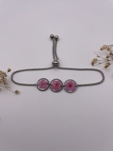 Pulsera 3 abalorios redondos con flores rosas