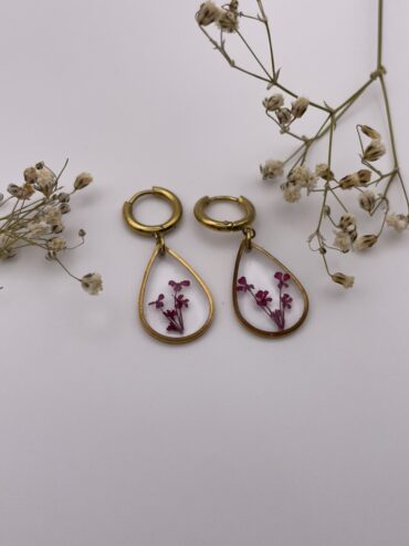 Pendientes gota con florecitas fucsias
