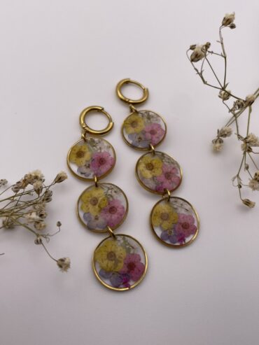 Pendientes 3 abalorios redondos con flores amarillas, rosas y azules