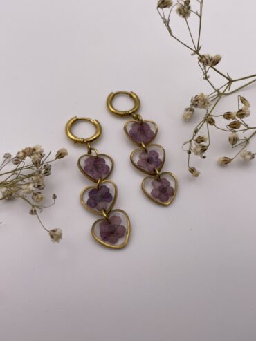 Pendientes 3 abalorios corazón con flores lilas