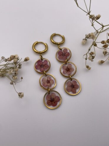 Pendientes 3 abalorios redondos con flores burdeos