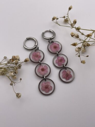 Pendientes 3 abalorios redondos con flores rosas