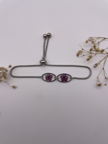Pulsera 2 abalorios ovalados con flores lila oscuro