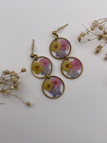 Pendientes 2 abalorios redondos con flores azules, rosas y amarillas