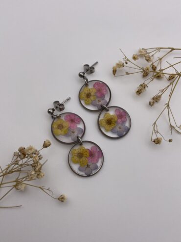 Pendientes 2 abalorios redondos con flores azules, rosas y amarillas