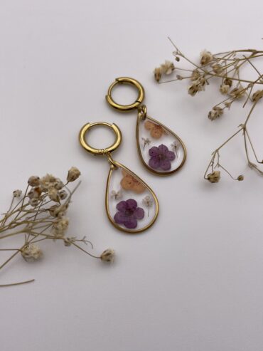 Pendientes gota con flores lila oscuro y naranja