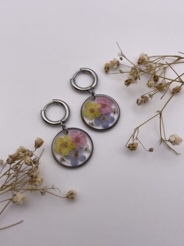 Pendientes redondos con flores azul, rosa y amarillo