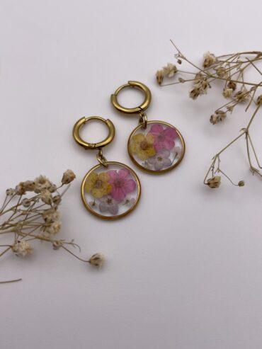 Pendientes redondos con flores azul, rosa y amarillo