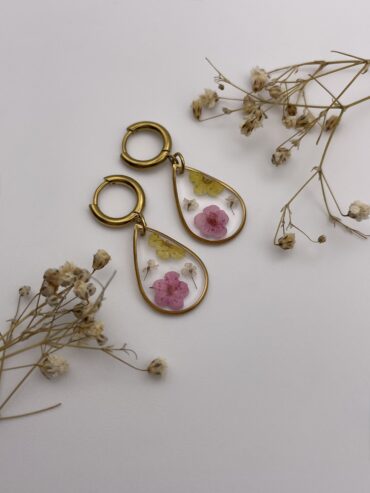 Pendientes gota con flores rosa y amarilla