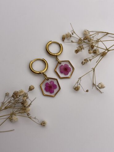 Pendientes hexágono con flor fucsia