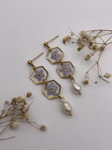 Pendientes 2 abalorios hexágono con flores azules y perlas