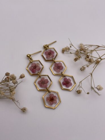 Pendientes 3 abalorios hexágono con flores burdeos