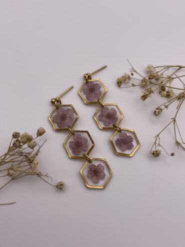 Pendientes 3 abalorios hexágono con flores lila claro