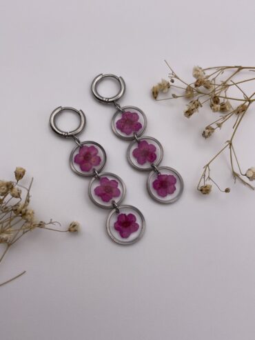 Pendientes 3 abalorios redondos con flores fucsias