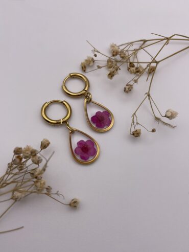 Pendientes gota con flor fucsia