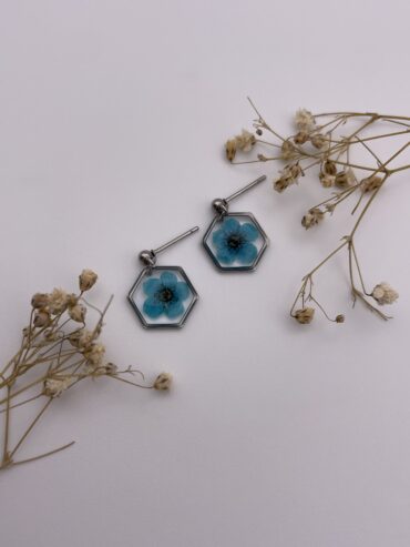Pendientes hexágono con flor azul