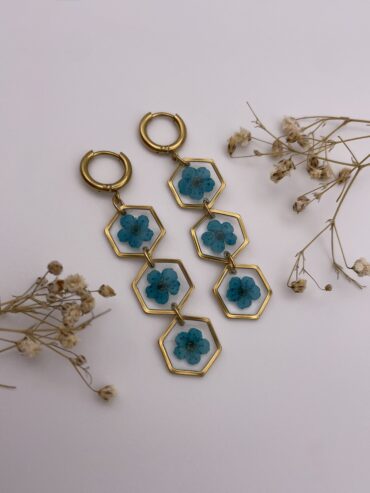Pendientes 3 abalorios hexágono con flores azules